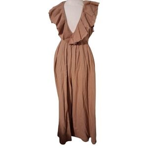 Free People Ruffled Maxi Jumpsuit, Open Back, Sleeveless, Neutral Size 0